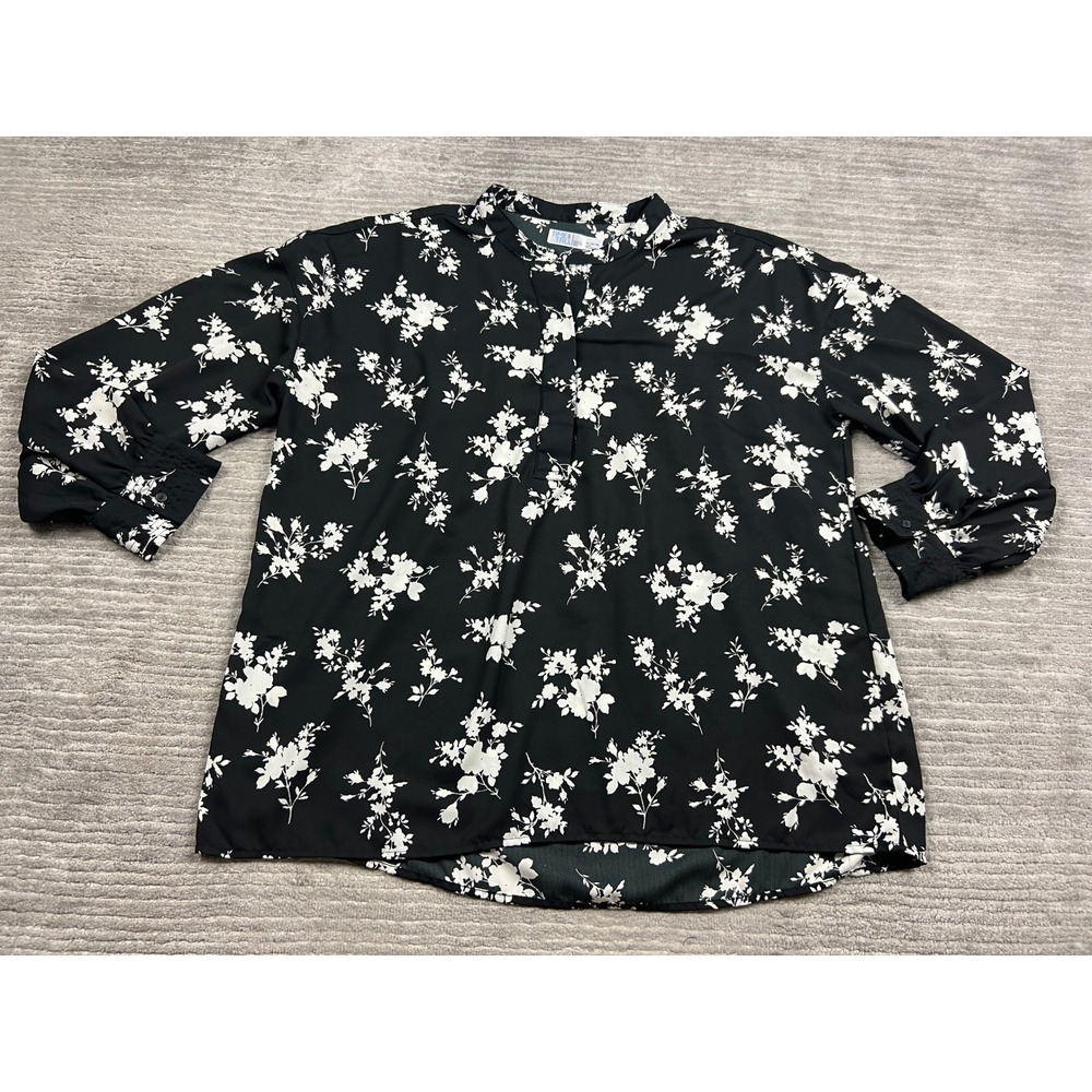 Time and Tru Blouse Womens XL Black Floral Split Neck Smocked Cuff TTL38404PR